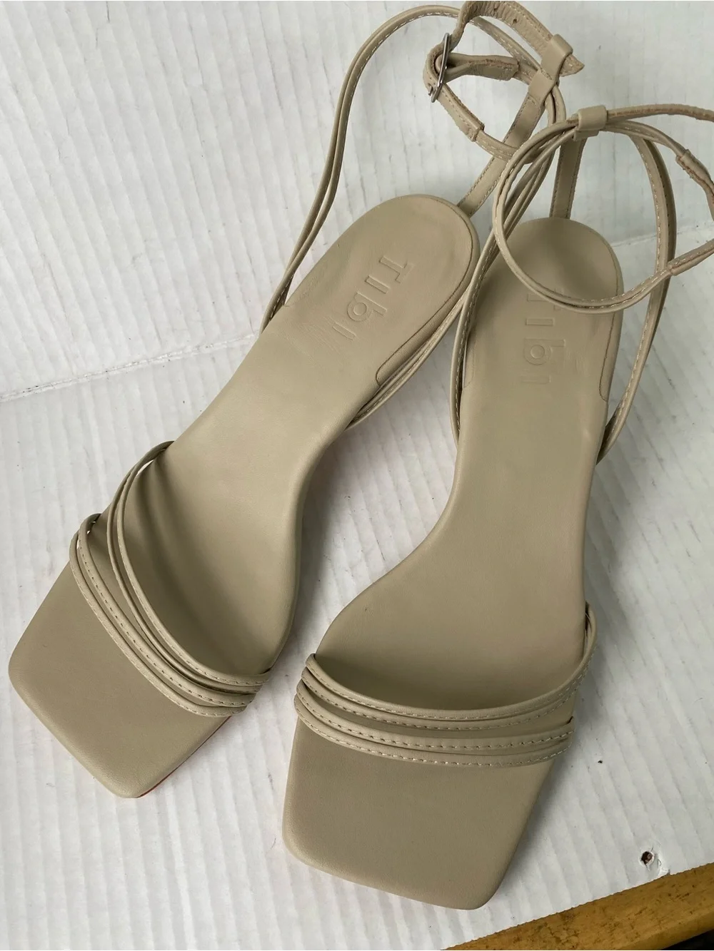 NWOT • TIBI Harper Leather Square Toe Strappy Kitten Heel Sandal Taupe 6.5